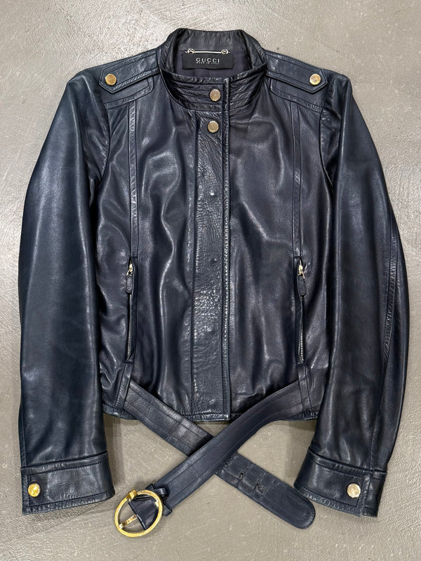 2000s Gucci belted biker leather jacket