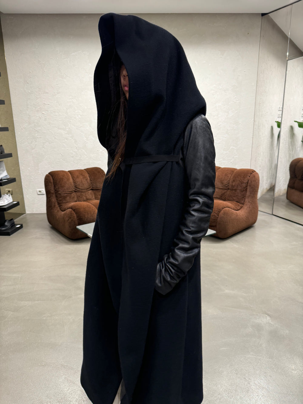2000s Rick Owens giant hood coat with leather sleeves
