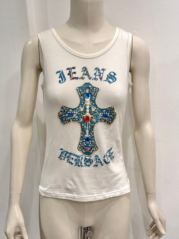 2000s Versace embellished stones cross tank top