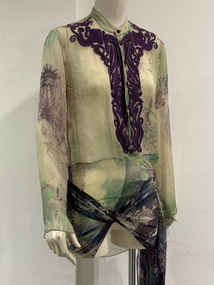 2000s Jean Paul Gaultier printed silk embroidered draped dress
