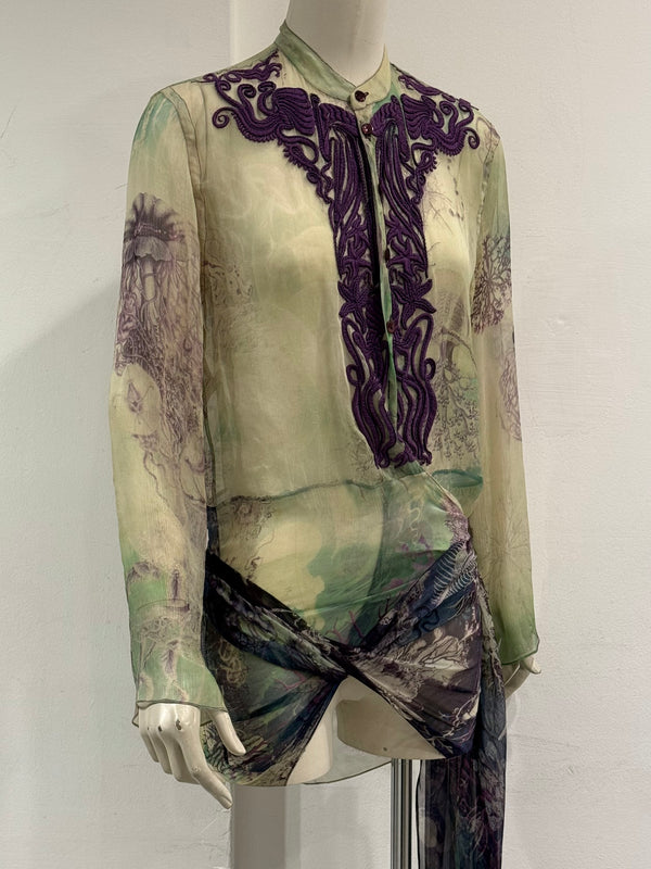 2000s Jean Paul Gaultier printed silk embroidered draped dress