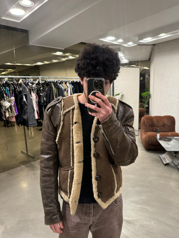 1990s Dolce & Gabbana hybrid shearling leather military jacket