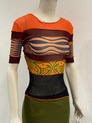 S/S1996 Jean Paul Gaultier runway printed mesh layered maxi dress