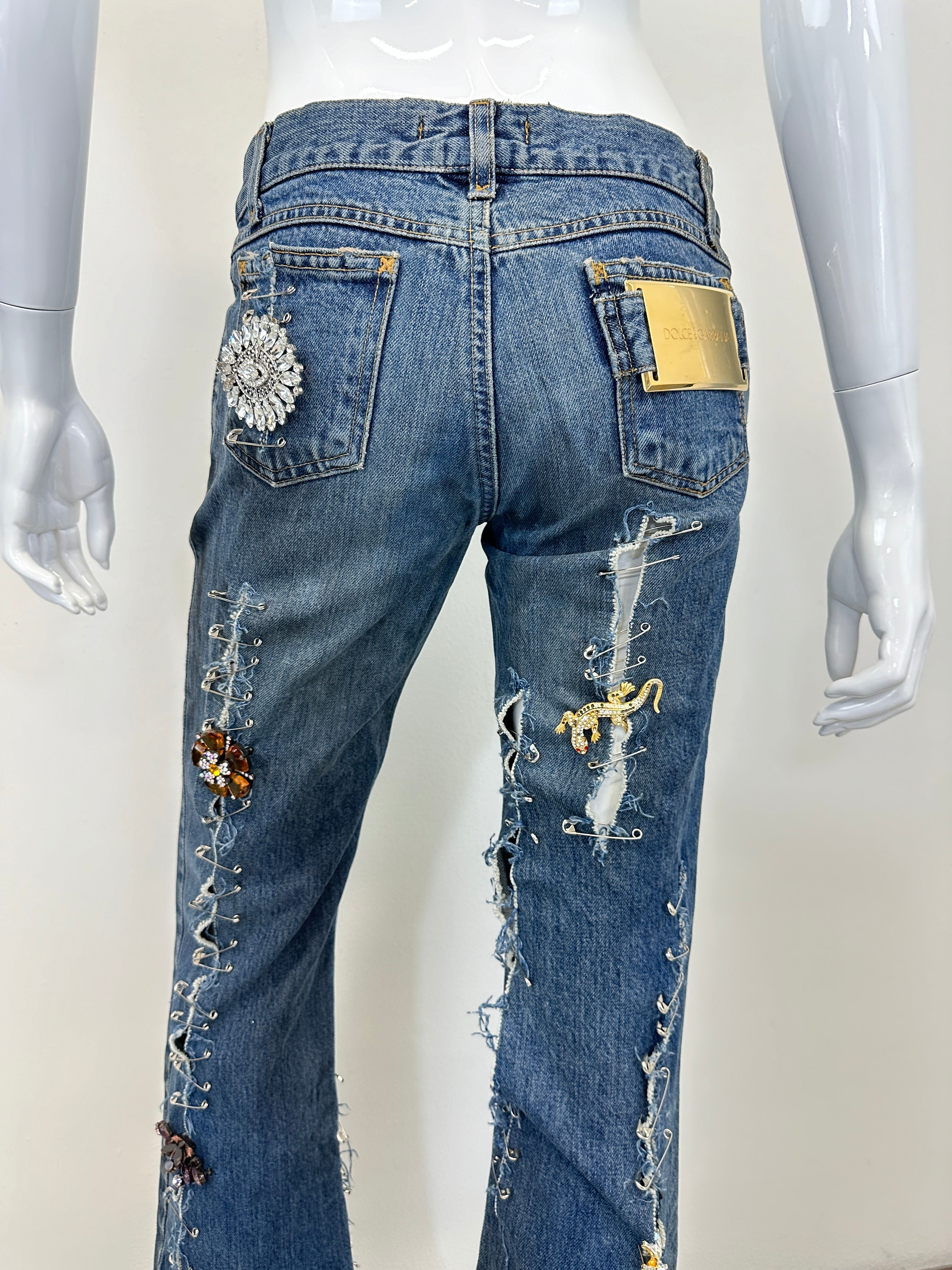 S/S 2001 Dolce & Gabbana safety pin punk jeans with broches