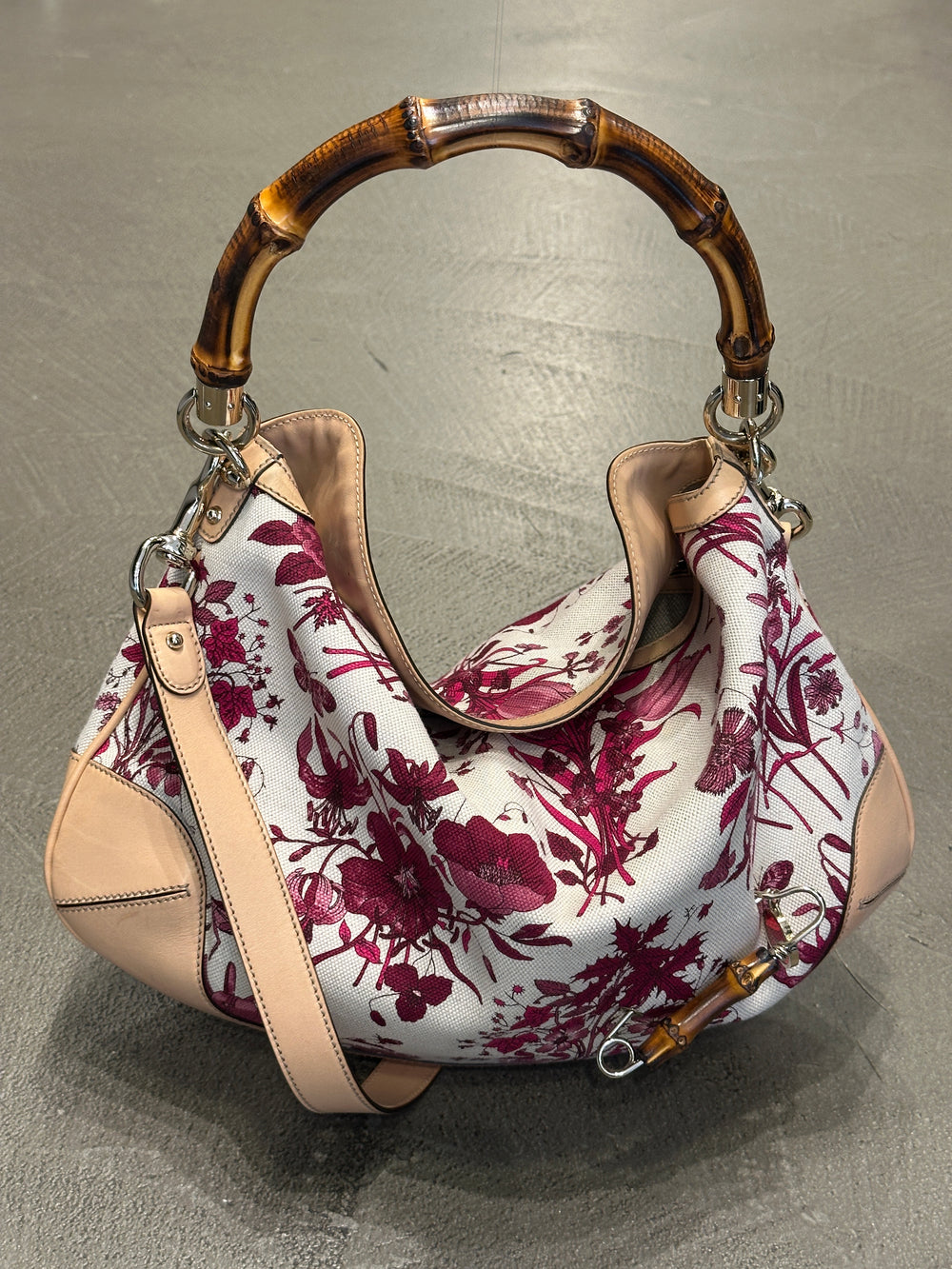 2010s Gucci bamboo handle floral hobo bag
