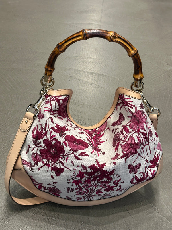 2010s Gucci bamboo handle floral hobo bag