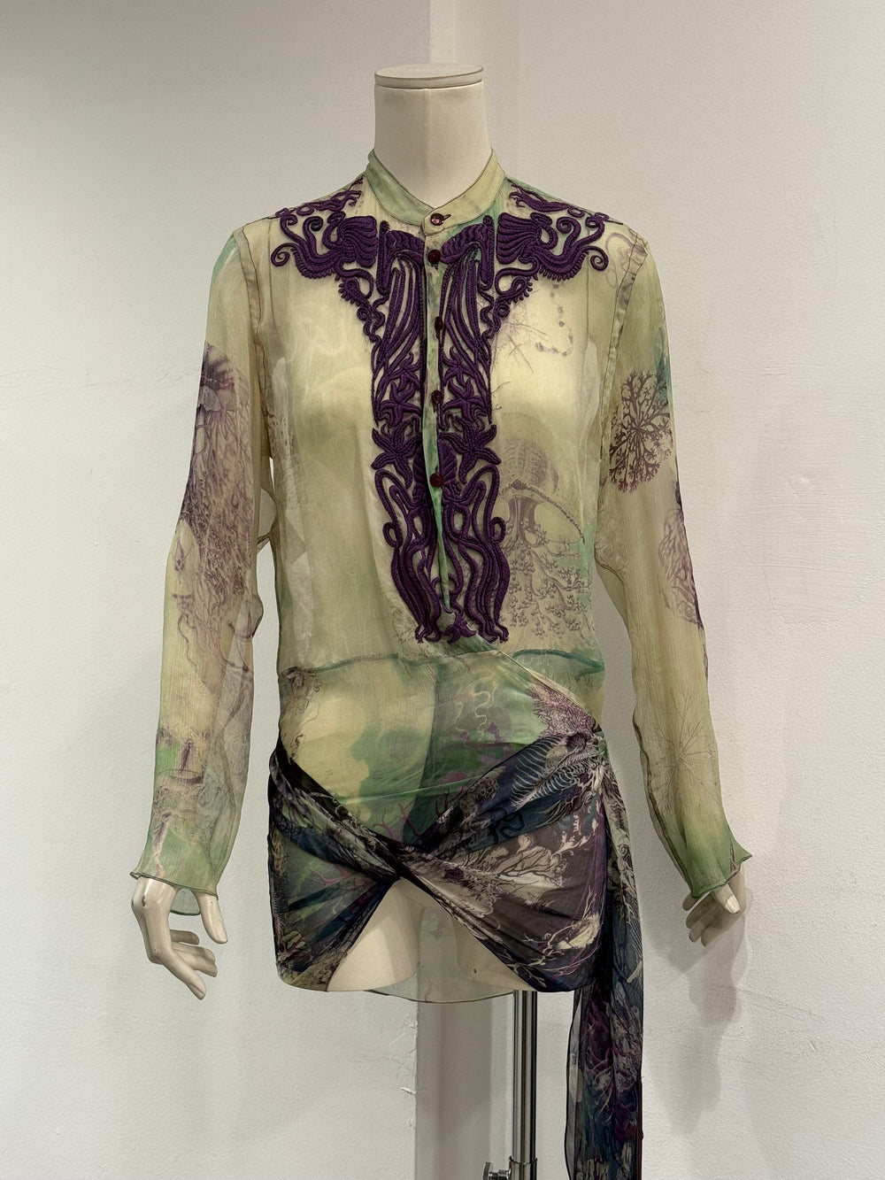 2000s Jean Paul Gaultier printed silk embroidered draped dress