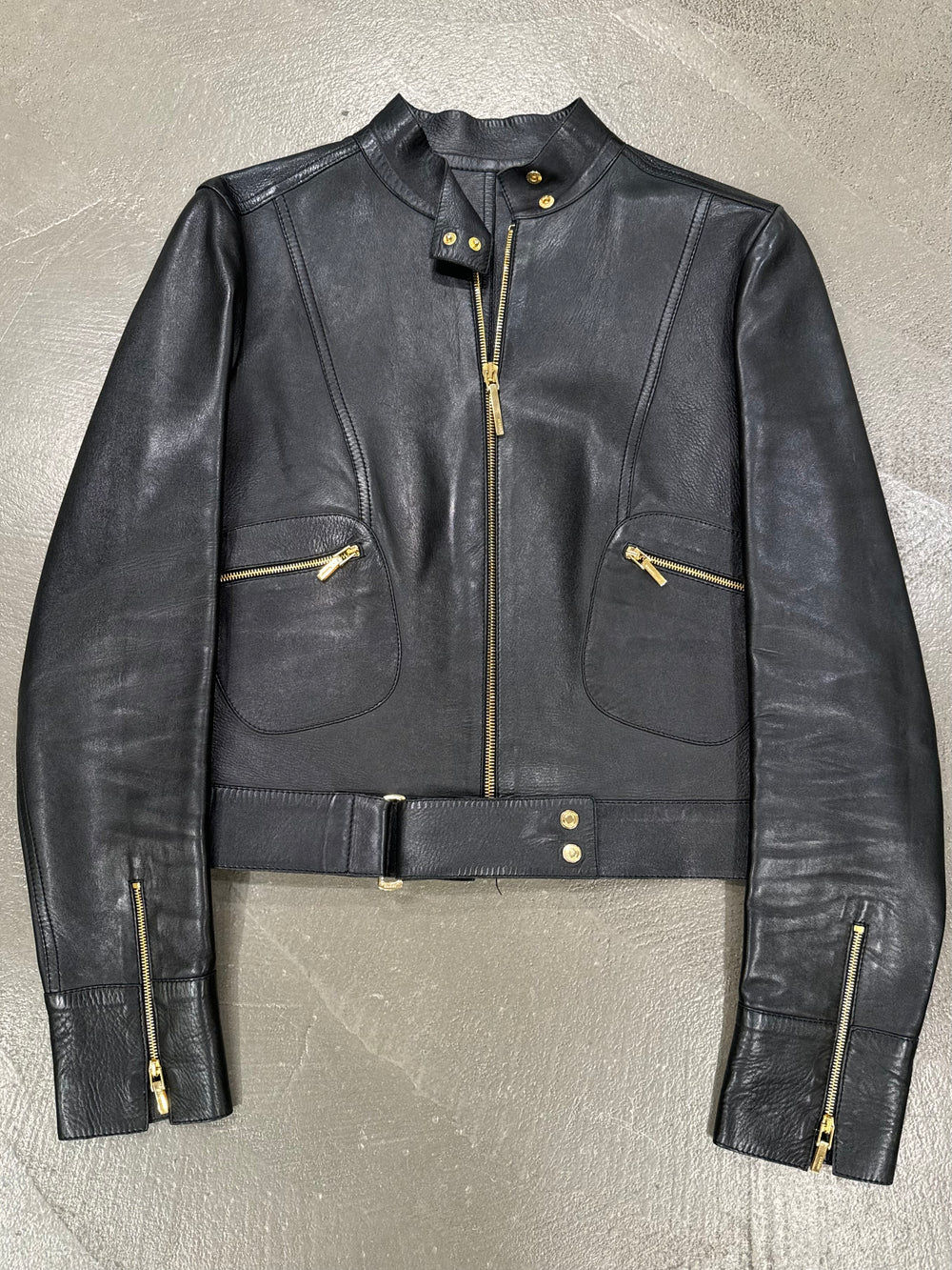 S/S1999 Gucci by Tom Ford fitted black biker leather jacket with gold accents