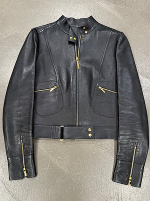 S/S1999 Gucci by Tom Ford fitted black biker leather jacket with gold accents