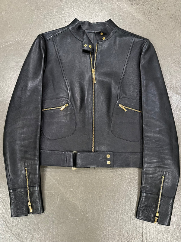 S/S1999 Gucci by Tom Ford fitted black biker leather jacket with gold accents