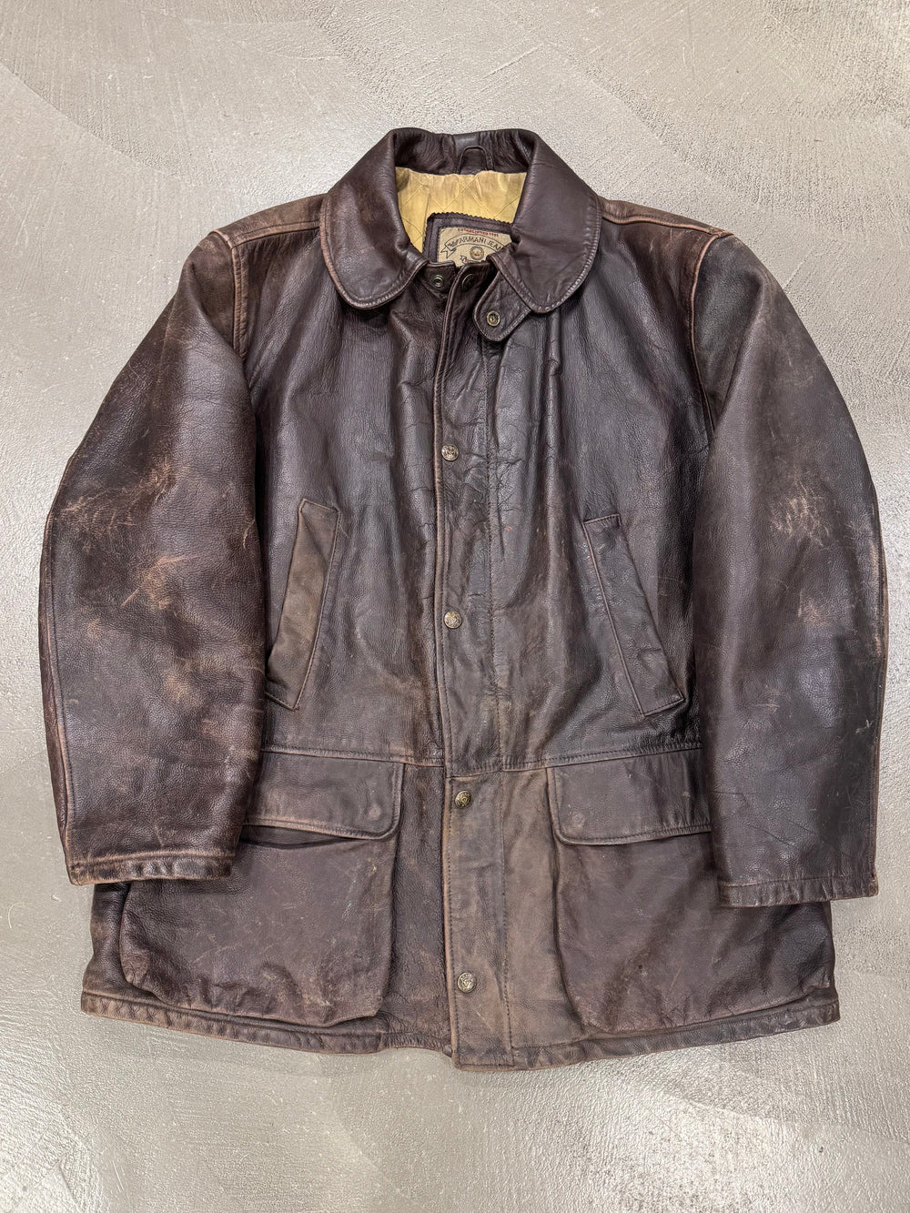 1990s Armani trashed faded heavy leather coat
