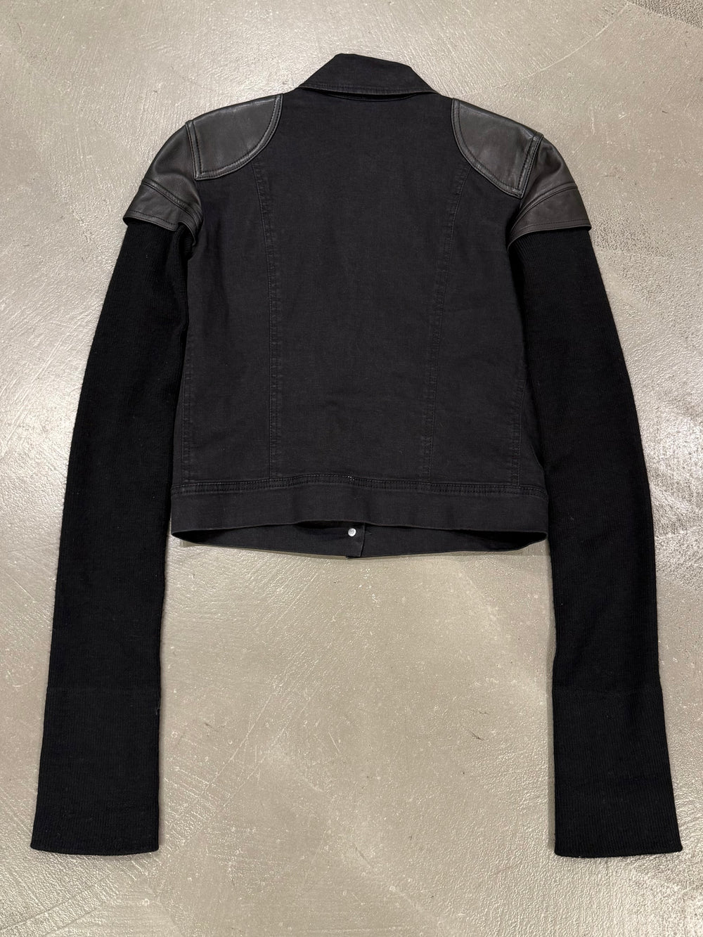 2000s Plein Sud hybrid biker denim jacket with leather shoulders