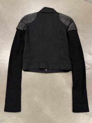 2000s Plein Sud hybrid biker denim jacket with leather shoulders