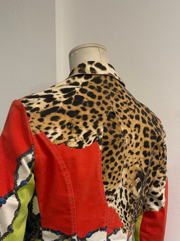 2000s Roberto Cavalli leopard printed patchwork denim jacket