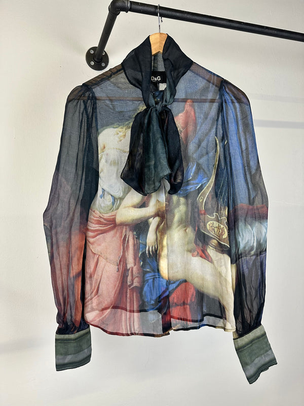2000s Dolce & Gabbana painting print portrait silk shirt