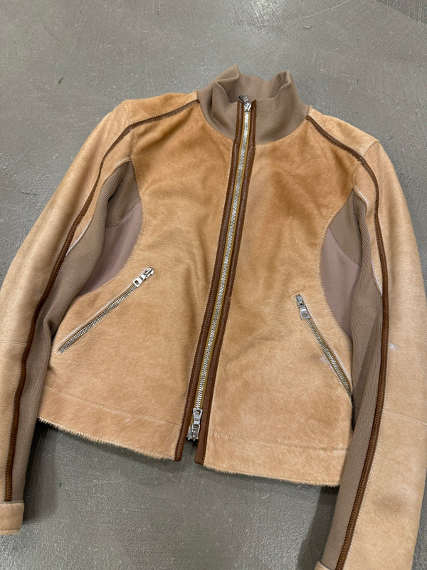 2000s Prada pony hair hybrid leather biker jacket