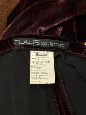 Roberto Cavalli burgundy velvet flared pants with chain detail