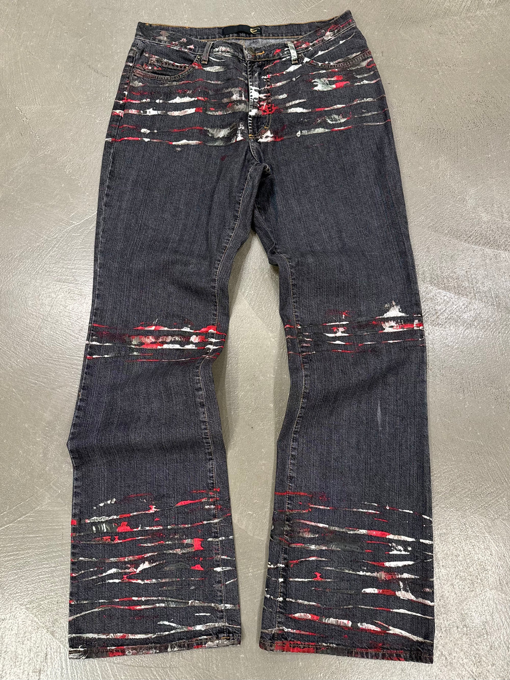 2001 Just Cavalli distressed paint splatter flare jeans