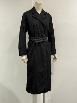 2000s Prada black double-breasted nylon coat with leather details