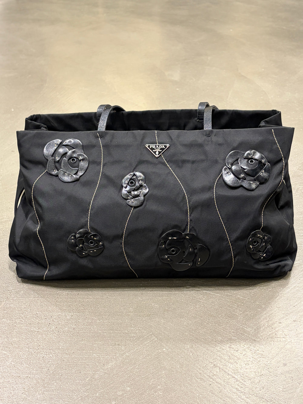 2000 Prada floral appliqué nylon tote bag