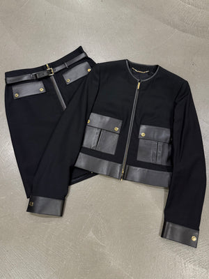 F/W2000 Gucci by Tom Ford leather-trim runway set jacket and skirt set