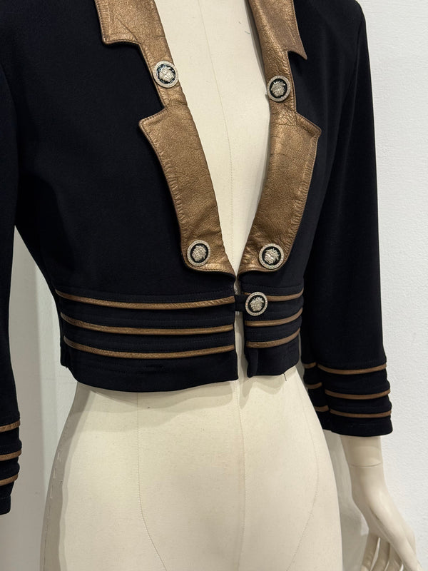 1990s Gianni Versace Napoleon cropped tailored jacket with contrast leather trim