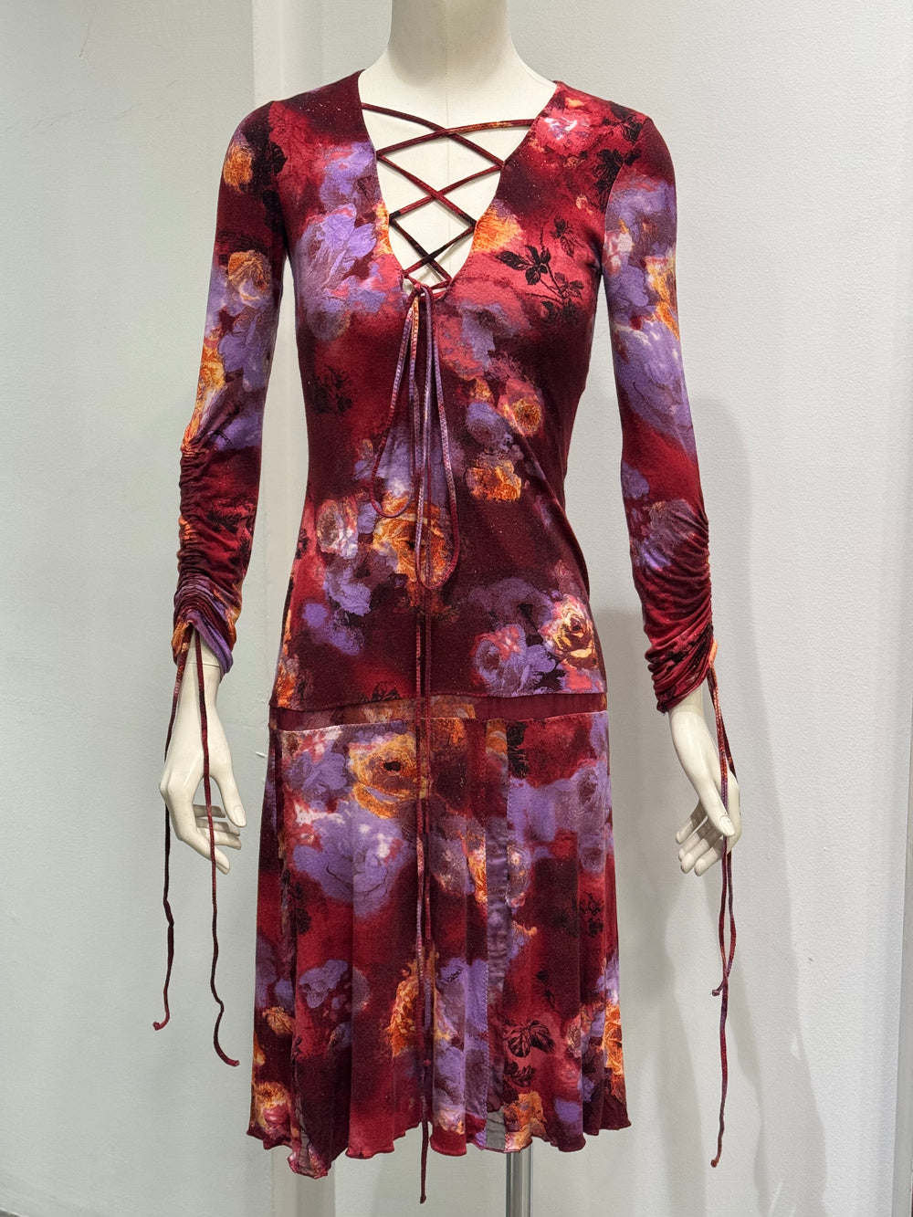 2000s Roberto Cavalli floral lace up midi dress