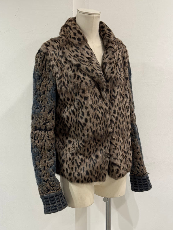 2000s Roberto Cavalli leopard print jacket with knit sleeves and fur details