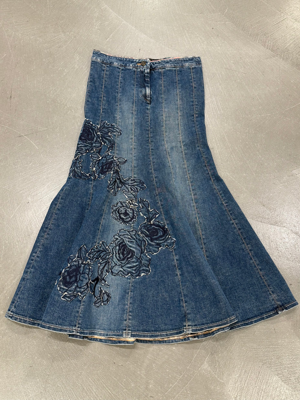 F/W2002 Roberto Cavalli floral tattoo embroidered denim skirt