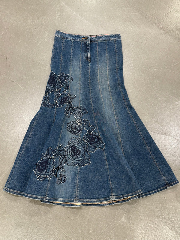 F/W2002 Roberto Cavalli floral tattoo embroidered denim skirt
