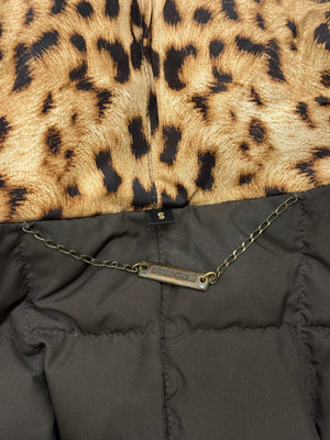 2000s Roberto Cavalli leopard print silk puffer jacket with leather straps