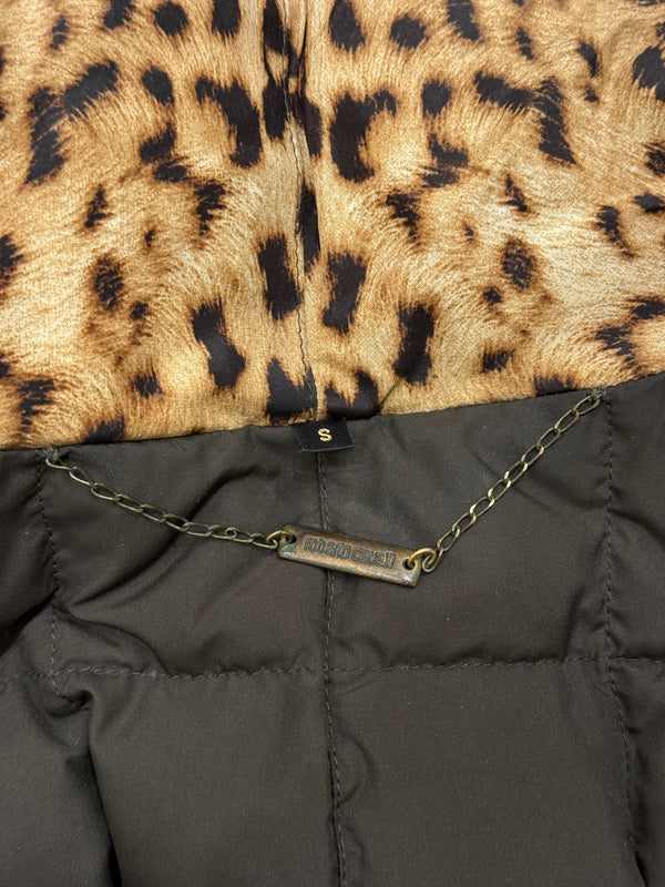 2000s Roberto Cavalli leopard print silk puffer jacket with leather straps