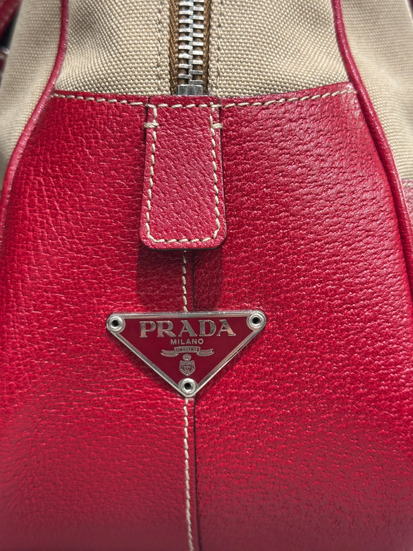 2000s Prada jacquard bowler bag with red leather trim