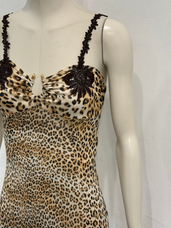 2000s Roberto Cavalli leopard print lace-trim dress