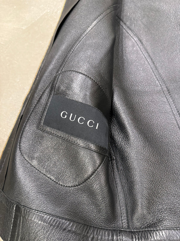S/S1999 Gucci by Tom Ford fitted black biker leather jacket with gold accents
