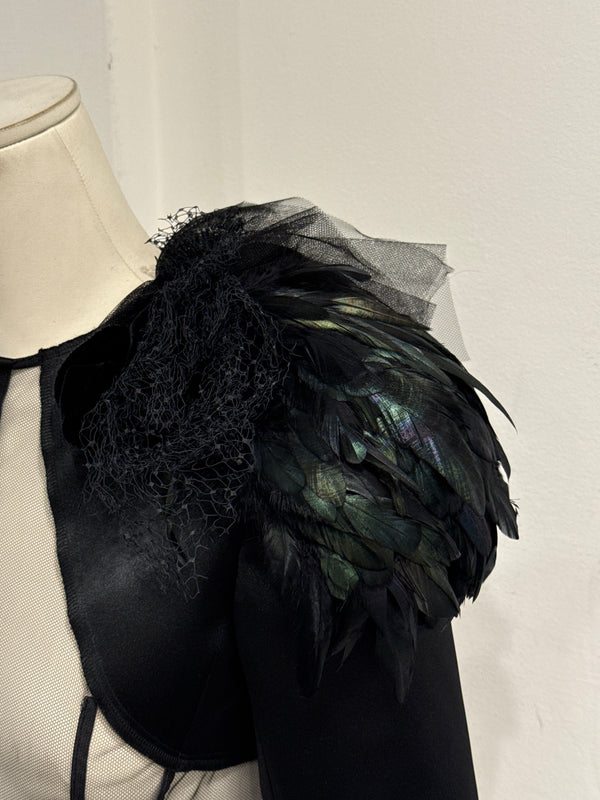 A/W 2004 Comme des Garçons runway feather shoulder mesh top