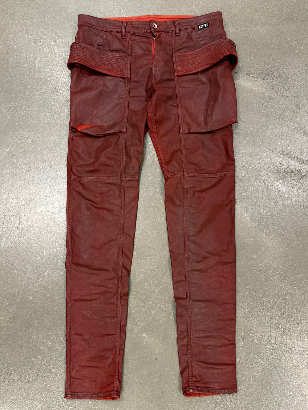 2010s Rick Owens red waxed cargo pants