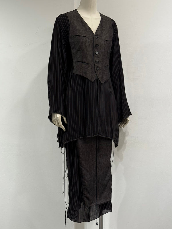 1990s Jean Paul Gaultier deconstructed pinstripe top skirt set