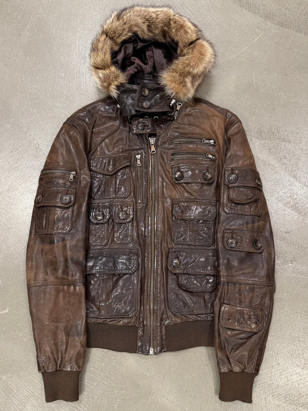 A/W2003 Dolce & Gabbana coyote fur multi-pockets cargo leather jacket