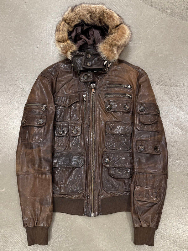 A/W2003 Dolce & Gabbana coyote fur multi-pockets cargo leather jacket