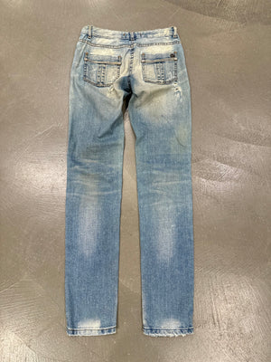 Roberto Cavalli distressed leopard patch glitter embellished jeans