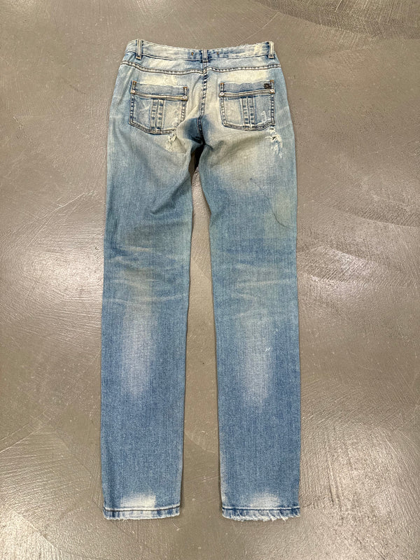 Roberto Cavalli distressed leopard patch glitter embellished jeans