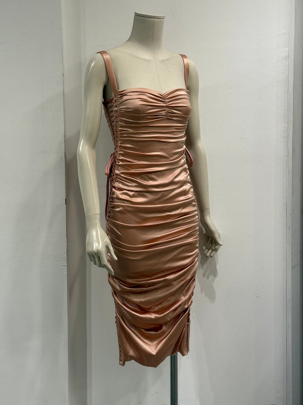 S/S2003 Dolce & Gabbana lace-up bondage ruched silk midi dress