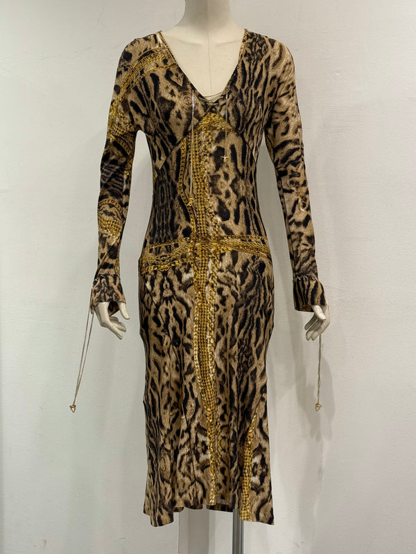 F/W2003 Roberto Cavalli leopard print dress with chains