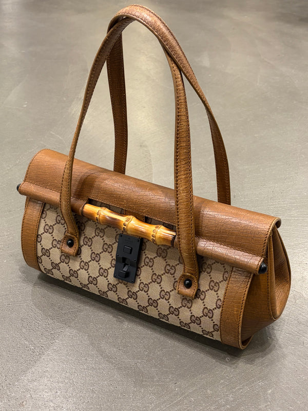 1990s Gucci monogram shoulder bag with bamboo detail