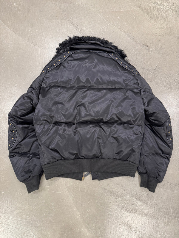 2000s Roberto Cavalli studded boxy armor puffer bomber jacket with removable fur