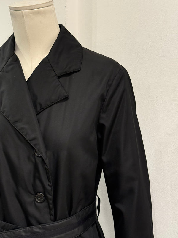 2000s Prada black double-breasted nylon coat with leather details