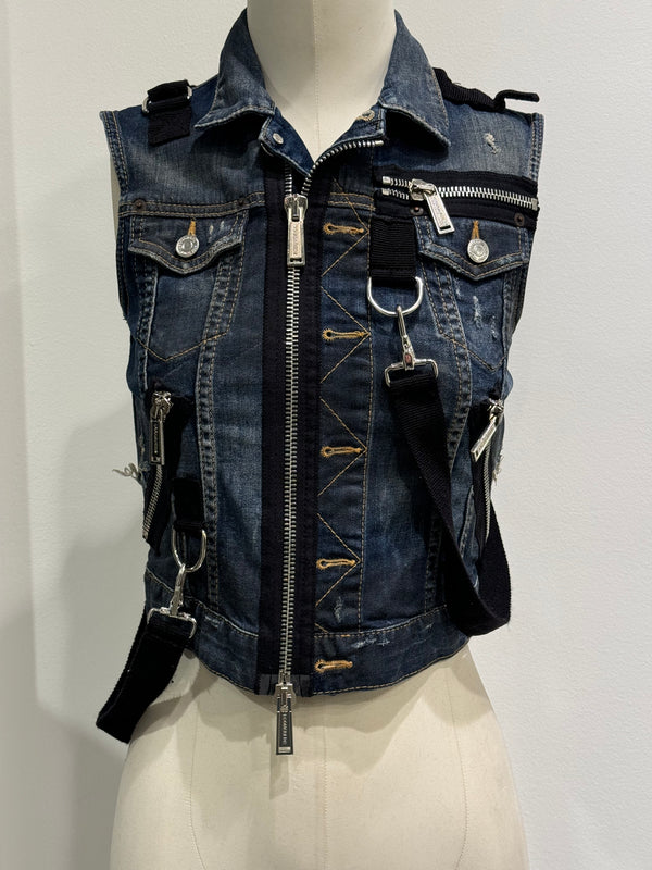 2016 Dsquared2 bondage straps zipper denim vest
