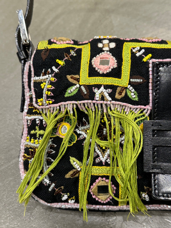 S/S1999 Fendi beaded fringe mirror-embellished baguette shoulder bag