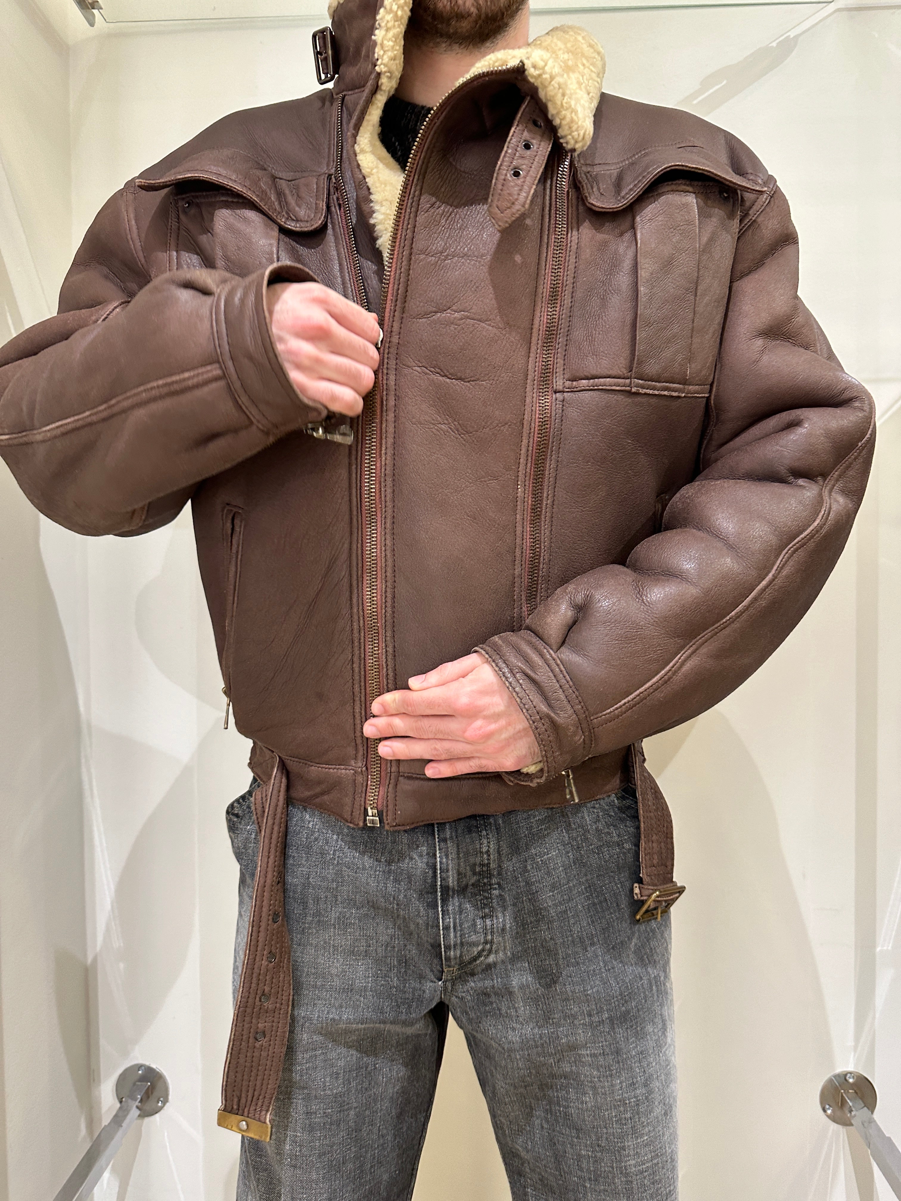 1980s Giorgio Armani oversized double zipper shearling jacket